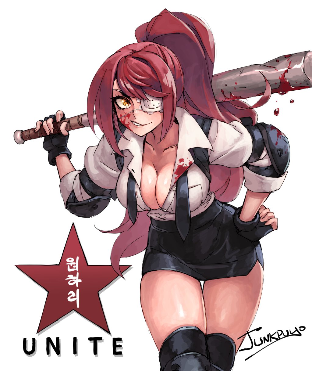 1girl bangs baseball_bat black_gloves black_skirt blood blood_on_face bloody_clothes breasts cleavage commentary elbow_pads english_commentary eyepatch fingerless_gloves gloves grin highres household_affairs junkpuyo knee_pads large_breasts leaning_forward long_hair loose_necktie metal_baseball_bat necktie one-eyed over_shoulder pencil_skirt ponytail redhead signature skirt sleeves_pushed_up smile sneer solo swept_bangs unbuttoned unbuttoned_shirt very_long_hair weapon weapon_over_shoulder won_hari yellow_eyes