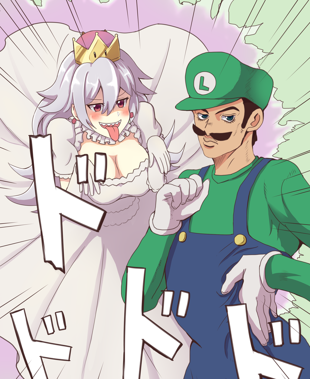 1boy 1girl :d bangs blue_overalls blush breasts brown_hair cleavage closed_mouth commentary_request crossover crown dress earrings elbow_gloves emphasis_lines eyebrows_visible_through_hair eyelashes facial_hair ghost ghost_pose gloves green_hat green_shirt hair_between_eyes half-closed_eyes hat highres jewelry jojo_no_kimyou_na_bouken jojo_pose large_breasts lips long_hair long_sleeves long_tongue looking_at_another looking_at_viewer luigi super_mario_bros. mustache new_super_mario_bros._u_deluxe nintendo open_mouth overalls parody parted_bangs pose princess_king_boo puffy_short_sleeves puffy_sleeves sanpaku sharp_teeth shirt short_sleeves single_letter smile sound_effects style_parody super_crown super_mario_bros. teeth thick_eyebrows tomuzou tongue tongue_out v-shaped_eyebrows white_dress white_gloves white_hair
