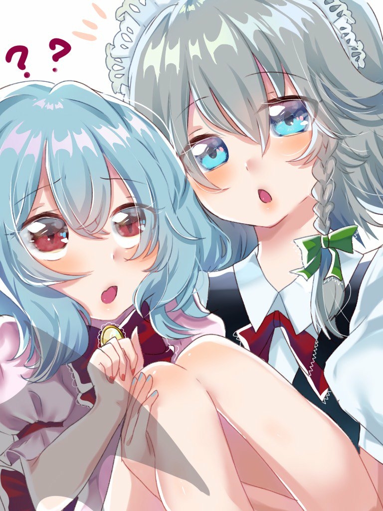 2girls ?? bangs black_vest blue_eyes blue_hair blue_nails blush bow bowtie braid brooch carrying commentary_request dress esatongi eyebrows_visible_through_hair eyes_visible_through_hair feet_out_of_frame green_bow hair_between_eyes hair_bow hand_up izayoi_sakuya jewelry knees_up looking_at_viewer looking_up maid maid_headdress multiple_girls nail_polish neck_ribbon no_hat no_headwear open_mouth pink_dress princess_carry puffy_short_sleeves puffy_sleeves red_bow red_eyes red_nails red_neckwear red_ribbon remilia_scarlet ribbon shirt short_hair short_sleeves silver_hair simple_background touhou upper_body vest white_background white_shirt
