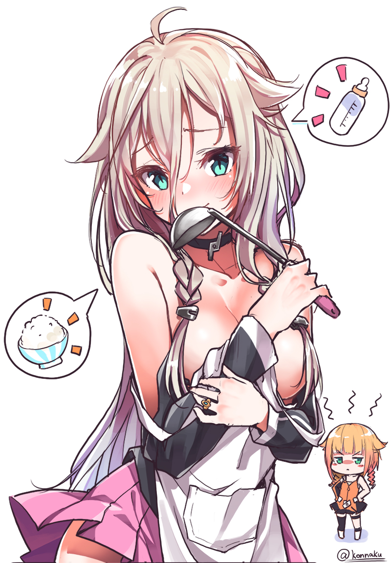 2girls ahoge apron baby_bottle bangs black_legwear black_shirt black_skirt blonde_hair blush bottle bowl braid breasts brown_hair camisole cevio chibi cleavage closed_mouth collarbone crossover eyebrows_visible_through_hair gradient_hair green_eyes hair_between_eyes hair_flaps hair_ornament hands_on_hips head_tilt holding ia_(vocaloid) jewelry konnyaku_(kk-monmon) ladle long_hair looking_at_viewer medium_breasts multicolored_hair multiple_girls one_(cevio) orange_camisole orange_hair pink_skirt pleated_skirt rice_bowl ring shirt simple_background single_thighhigh skirt smile spoken_object standing strap_slip thigh-highs twin_braids twitter_username very_long_hair vocaloid white_apron white_background
