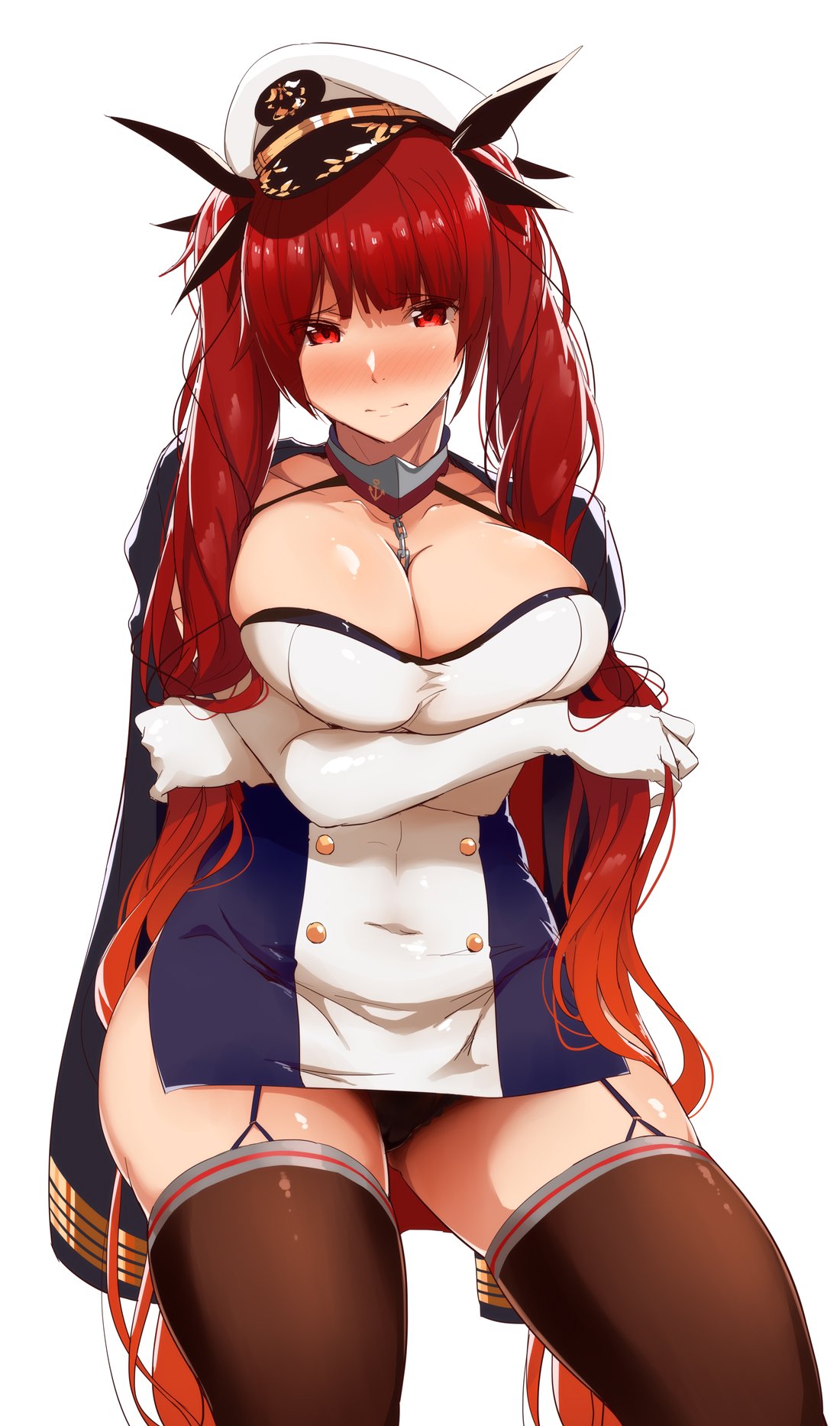 1girl azur_lane bangs bare_shoulders black_panties black_ribbon blush breast_hold breasts brown_legwear buttons chains cleavage closed_mouth collar collarbone commentary crossed_arms dress elbow_gloves garter_straps gloves hair_ribbon hat highres hips holding holding_hair honolulu_(azur_lane) jacket_on_shoulders large_breasts long_hair looking_at_viewer metal_collar panties peaked_cap red_eyes redhead ribbon side_slit simple_background solo thigh-highs thighs tokiwa_midori_(kyokutou_funamushi) twintails underwear very_long_hair white_background white_dress white_gloves white_hat