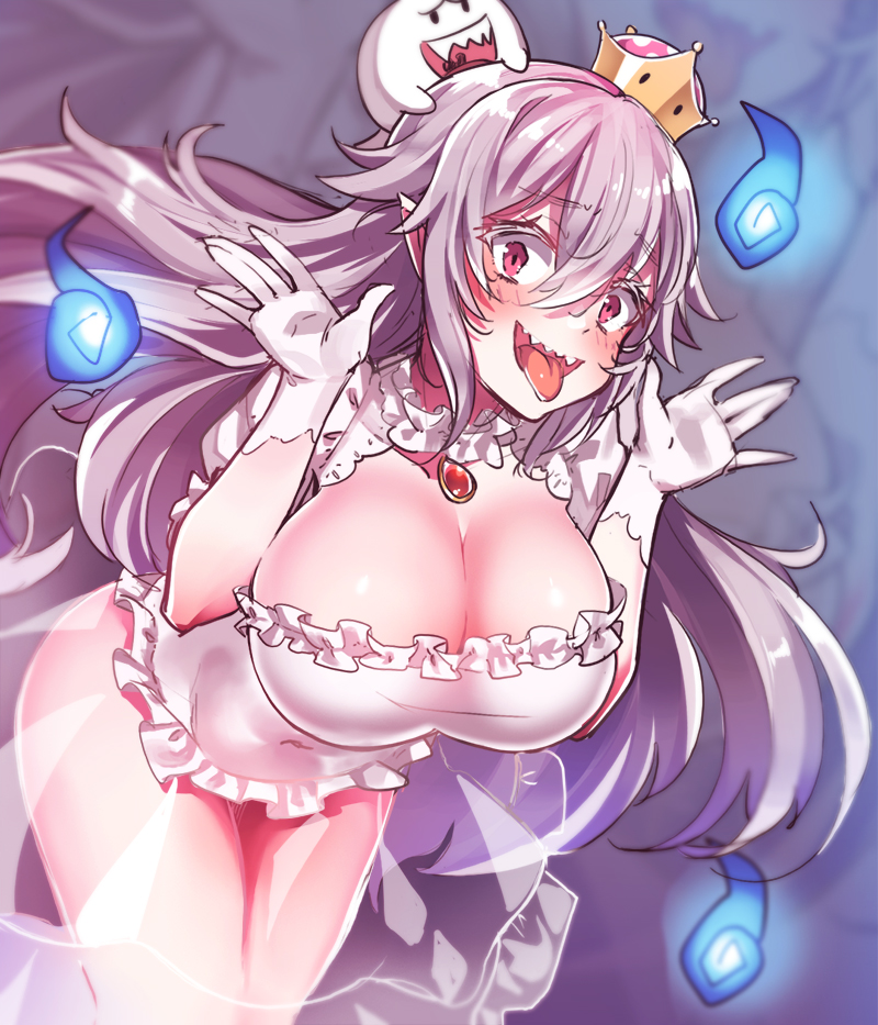 1girl bangs blush boo breasts brooch cleavage covered_navel crown dress eyebrows_visible_through_hair frilled_dress frills gloves hair_between_eyes hands_up jewelry konnyaku_(kk-monmon) large_breasts long_hair looking_at_viewer luigi's_mansion super_mario_bros. new_super_mario_bros._u_deluxe nintendo open_mouth princess_king_boo puffy_short_sleeves puffy_sleeves see-through sharp_teeth short_sleeves sketch super_crown teeth tongue tongue_out white_dress white_gloves