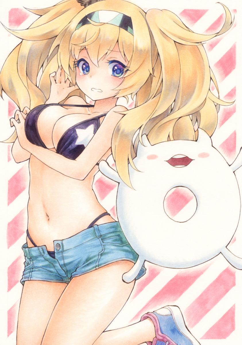 1girl blonde_hair blue_eyes bra breasts cleavage commentary_request denim denim_shorts enemy_lifebuoy_(kantai_collection) funnyfunny gambier_bay_(kantai_collection) hair_between_eyes hairband highleg highleg_panties highres kantai_collection lace-up_shoes large_breasts navel panties shorts solo striped striped_background traditional_media twintails underwear