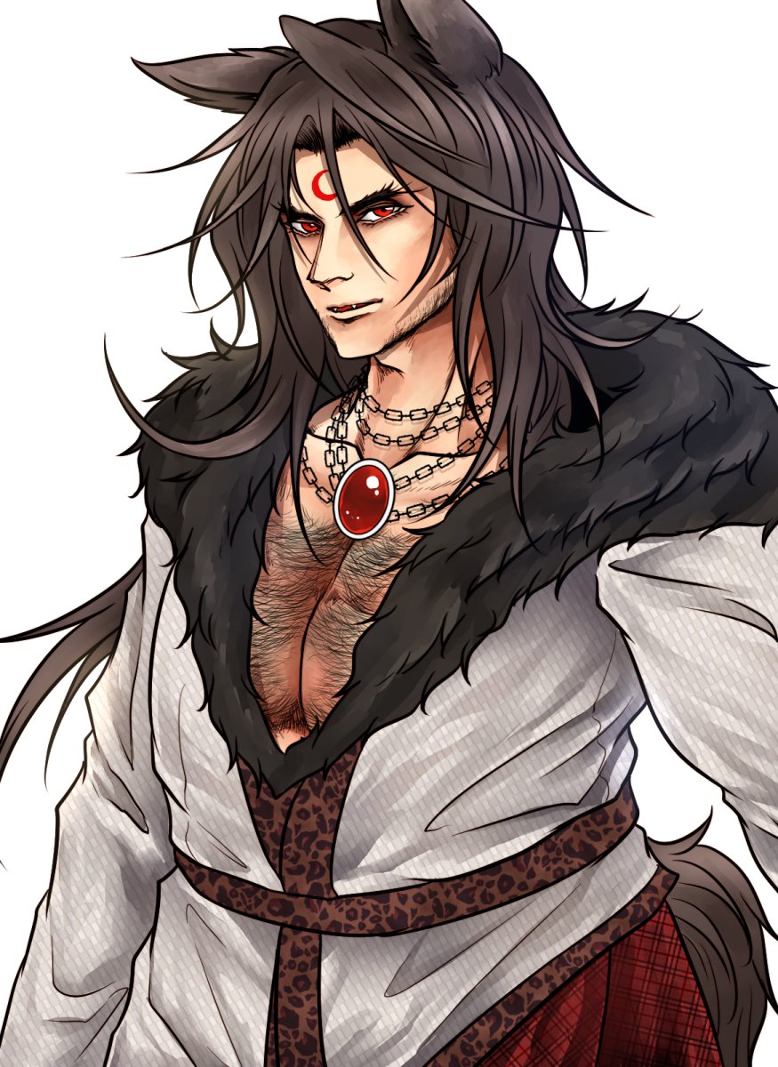 1boy animal_ears brown_hair chains chest_hair commentary_request crescent crescent_tattoo facial_hair fangs fur-trimmed_jacket fur_collar fur_trim genderswap genderswap_(ftm) highres imaizumi_kagerou jacket long_hair long_sleeves open_clothes open_jacket parted_lips red_eyes ryuuichi_(f_dragon) tail tattoo touhou wolf_ears wolf_tail