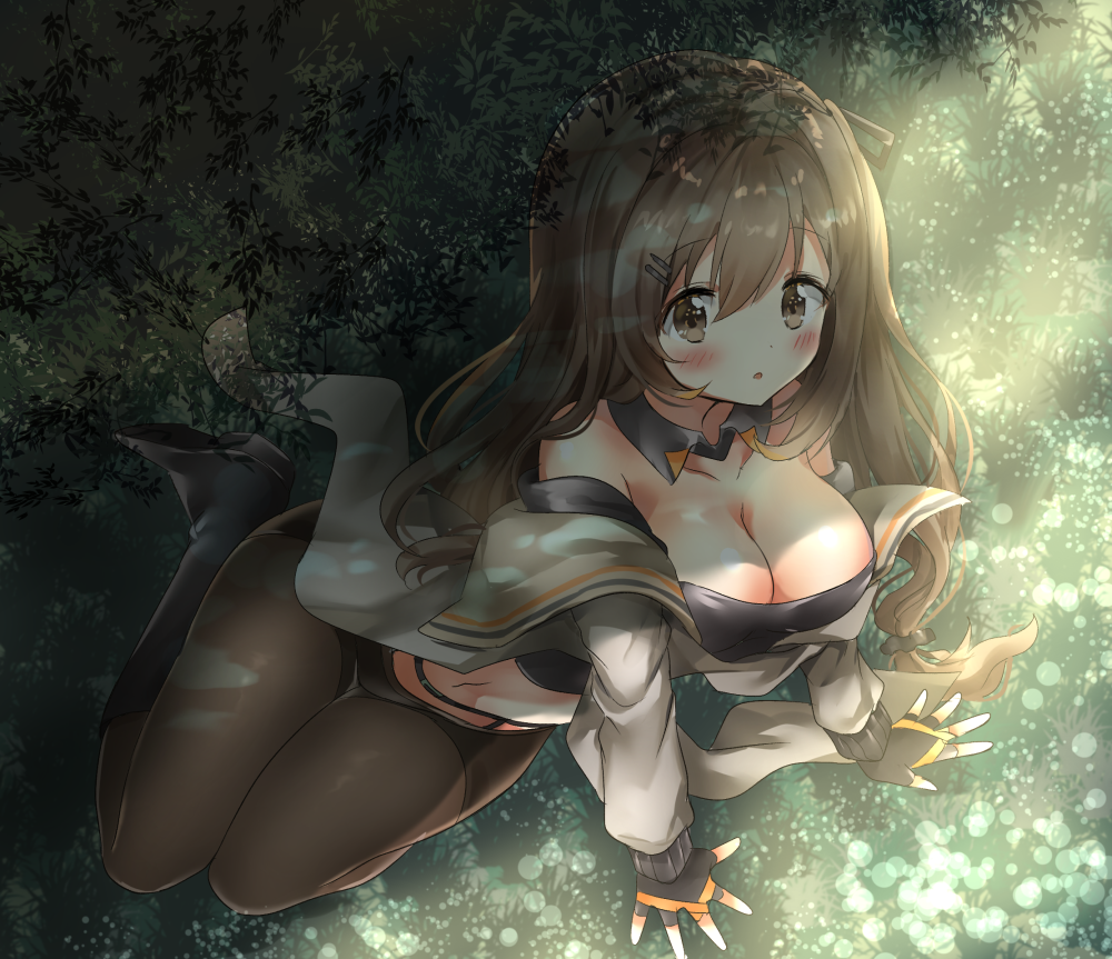 1girl :o arm_support bangs bare_shoulders black_collar black_footwear black_gloves black_shorts blush boots breasts brown_eyes brown_hair brown_legwear cleavage collarbone commentary crop_top day detached_collar eyebrows_visible_through_hair fingerless_gloves girls_frontline gloves hair_between_eyes hair_ornament hairclip k-2_(girls_frontline) knee_boots large_breasts long_hair long_sleeves melynx_(user_aot2846) navel outdoors pantyhose parted_lips shadow short_shorts shorts solo very_long_hair