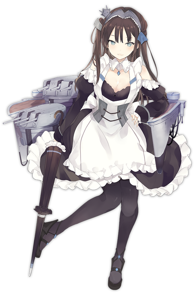 1girl apron azur_lane bangs black_footwear black_legwear blue_eyes blue_ribbon blush breasts brown_hair cannon closed_umbrella detached_sleeves dress eyebrows_visible_through_hair foot_up frills full_body hair_ornament hand_on_hip holding holding_umbrella jewelry juliet_sleeves long_hair long_sleeves looking_at_viewer lpip machinery maid maid_headdress medium_breasts newcastle_(azur_lane) official_art open_mouth pantyhose pendant puffy_sleeves ribbon rigging sapphire_(stone) shoes sidelocks smile solo standing standing_on_one_leg transparent_background turret two_side_up umbrella