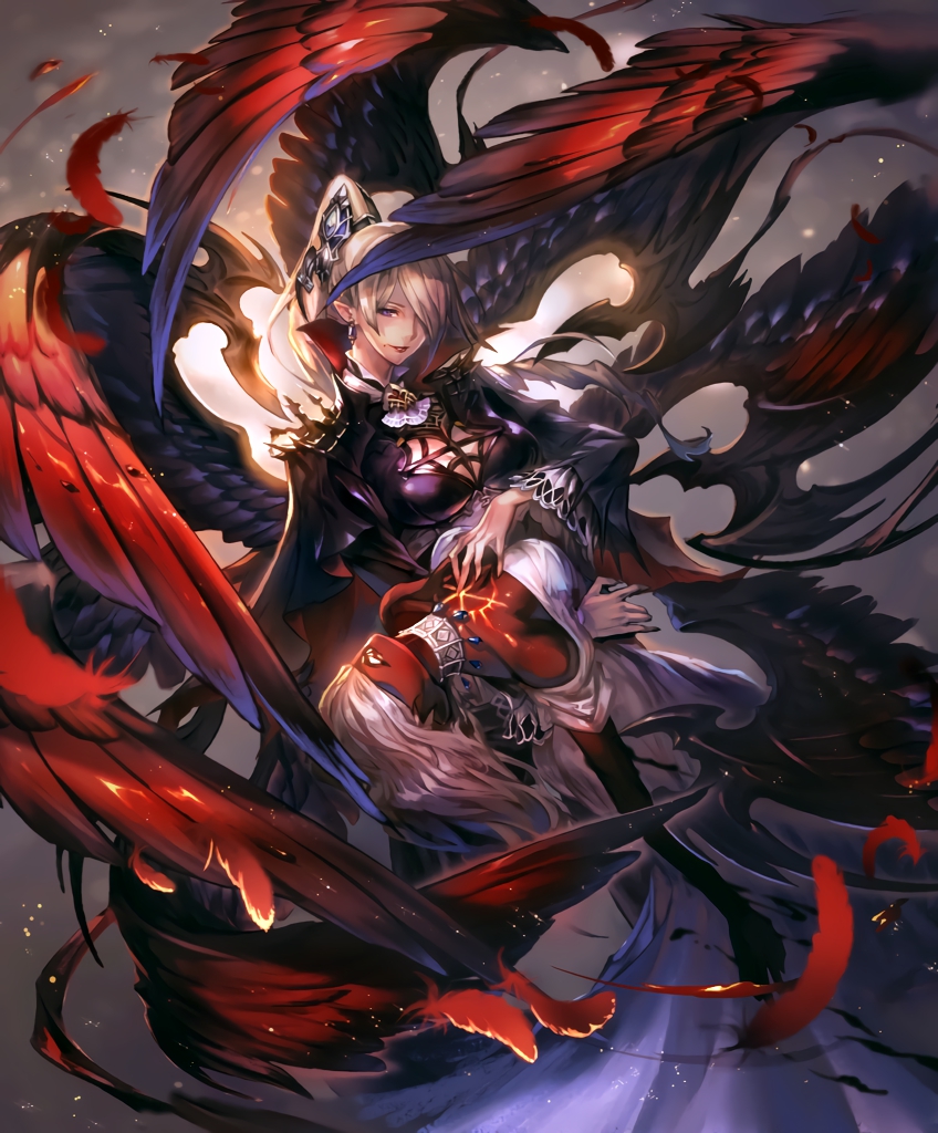 2girls artist_request blonde_hair capelet chest_tattoo choker cygames feathered_wings hair_over_eyes hair_over_one_eye hand_on_another's_chest holding_person looking_at_viewer mole multiple_girls multiple_wings official_art pointy_ears ponytail red_skin seraph shadowverse tattoo valnareik_omen_of_lust violet_eyes white_hair wings