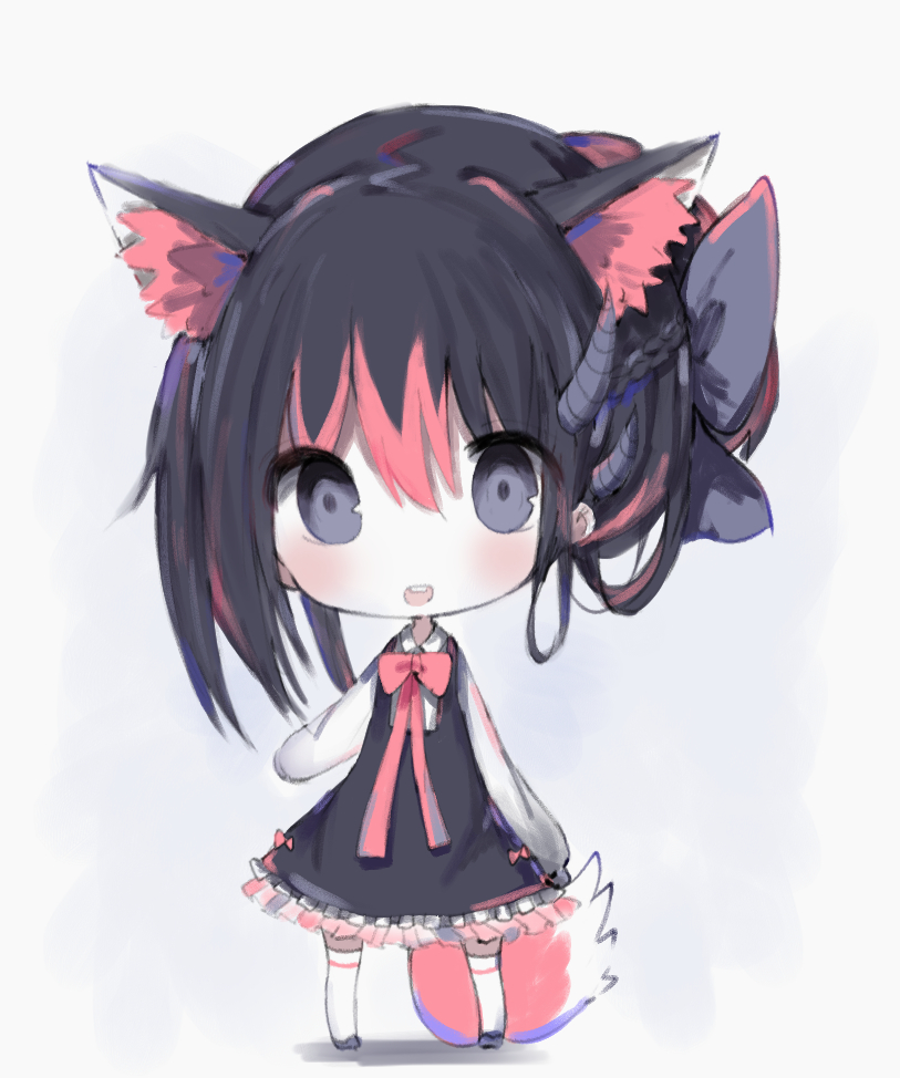 1girl :d animal_ear_fluff animal_ears bangs black_dress black_footwear black_hair black_legwear blush bow collared_shirt commentary_request cottontailtokki dress eyebrows_visible_through_hair fox_ears fox_girl fox_tail frilled_dress frills grey_bow grey_eyes hair_between_eyes hair_bow horns long_hair long_sleeves looking_at_viewer multicolored_hair open_mouth original red_bow red_ribbon redhead ribbon round_teeth shirt sleeveless sleeveless_dress sleeves_past_fingers sleeves_past_wrists smile solo standing streaked_hair tail teeth thigh-highs upper_teeth white_shirt