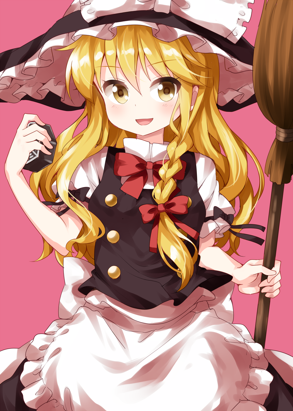 1girl :d apron bangs black_hat black_skirt black_vest blonde_hair blush bow braid breasts broom commentary_request cowboy_shot eyebrows_visible_through_hair frilled_apron frilled_bow frills hair_between_eyes hair_bow hat hat_bow highres holding holding_broom kirisame_marisa long_hair looking_at_viewer medium_breasts mini-hakkero open_mouth pink_background puffy_short_sleeves puffy_sleeves red_bow ruu_(tksymkw) short_sleeves sidelocks simple_background single_braid skirt skirt_set smile solo standing touhou vest waist_apron white_apron white_bow witch_hat yellow_eyes