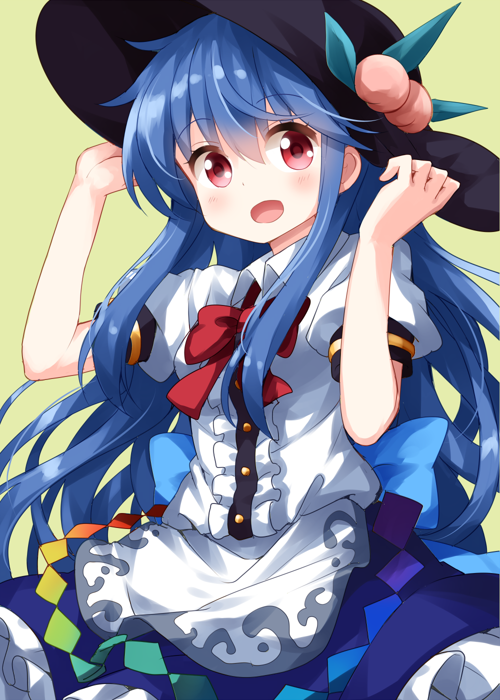 1girl bangs black_hat blouse blue_hair blue_skirt bow bowtie breasts center_frills commentary_request cowboy_shot eyebrows_visible_through_hair food fruit green_background hair_between_eyes hands_up hat head_tilt highres hinanawi_tenshi leaf long_hair looking_at_viewer open_mouth peach petticoat puffy_short_sleeves puffy_sleeves red_bow red_eyes red_neckwear ruu_(tksymkw) short_sleeves sidelocks simple_background skirt small_breasts solo touhou very_long_hair white_blouse wing_collar
