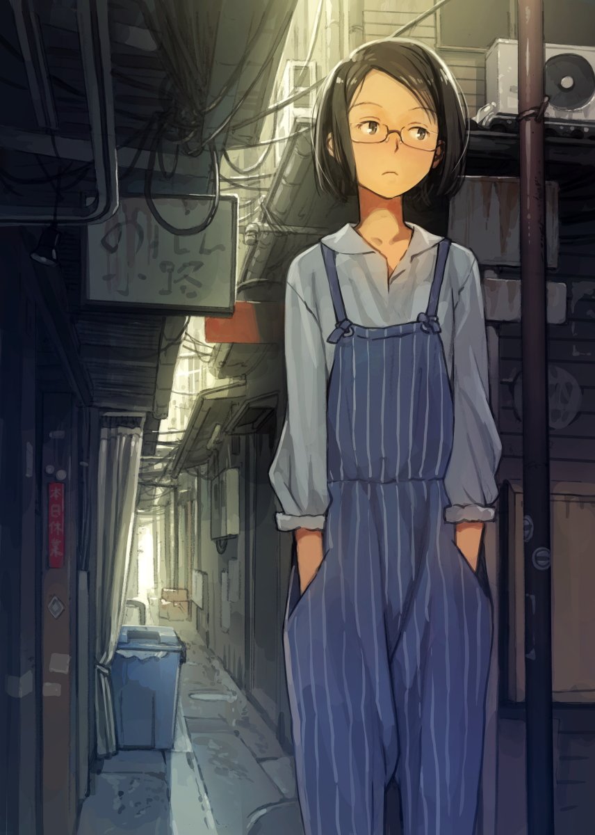 1girl black_hair blue_eyes closed_mouth collarbone day eyebrows_visible_through_hair glasses hands_in_pockets highres looking_away original outdoors short_hair solo trash_can yoshida_seiji
