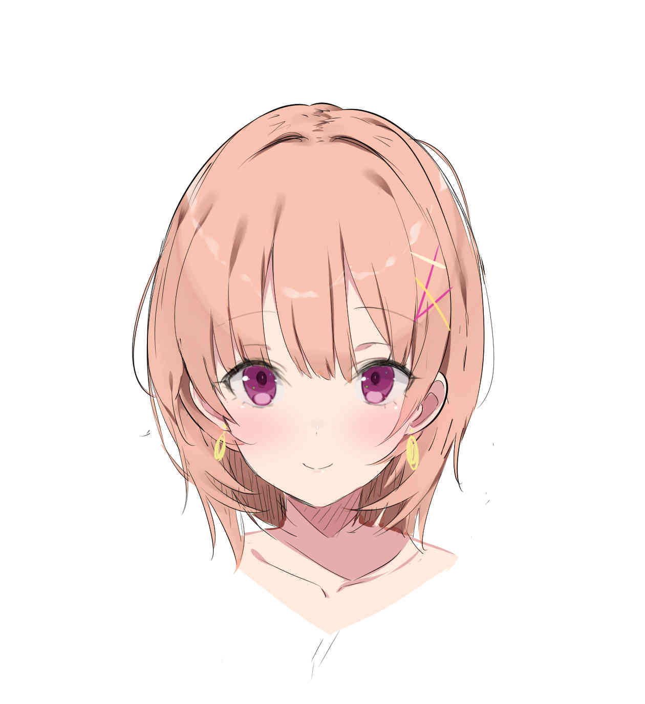1girl blush closed_mouth commentary_request earrings hair_ornament highres jewelry light_brown_hair looking_at_viewer mitsudoue original pink_eyes portrait short_hair simple_background smile solo white_background