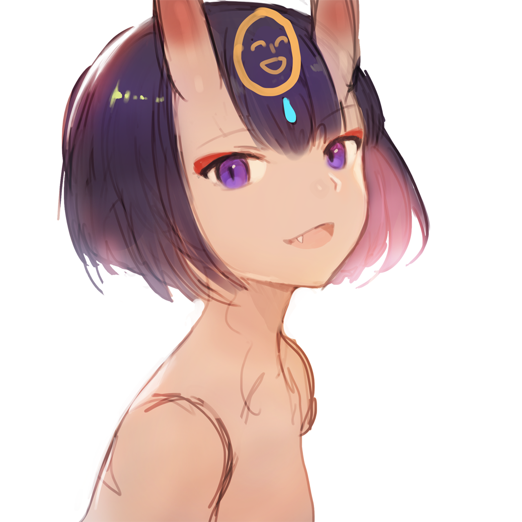 1girl :d commentary_request eyebrows_visible_through_hair eyeshadow fang fate/grand_order fate_(series) from_side headpiece horns looking_at_viewer looking_to_the_side makeup nude oni oni_horns open_mouth purple_hair short_hair shuten_douji_(fate/grand_order) simple_background sketch smile smiley_face solo sookmo upper_body violet_eyes white_background