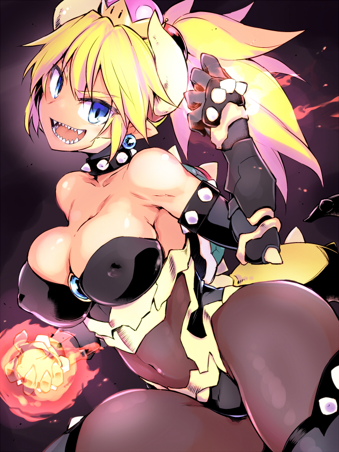 1girl alternate_costume bangs bare_shoulders blonde_hair blue_earrings blue_eyes bowsette bracelet breasts brooch cleavage collar covered_navel erect_nipples fire fireball hair_between_eyes hair_bobbles hair_ornament hand_up horns jewelry large_breasts long_ponytail looking_at_viewer super_mario_bros. navel new_super_mario_bros._u_deluxe nintendo open_mouth pointy_ears powering_up reflective_eyes sapphire_(stone) see-through sharp_teeth shiny shiny_hair shiny_skin short_hair sidelocks smile solo spiked_bracelet spiked_collar spiked_knuckles spiked_shell spiked_tail spikes super_crown tagme teeth thick_thighs thighs tomoshibi_hidekazu toned