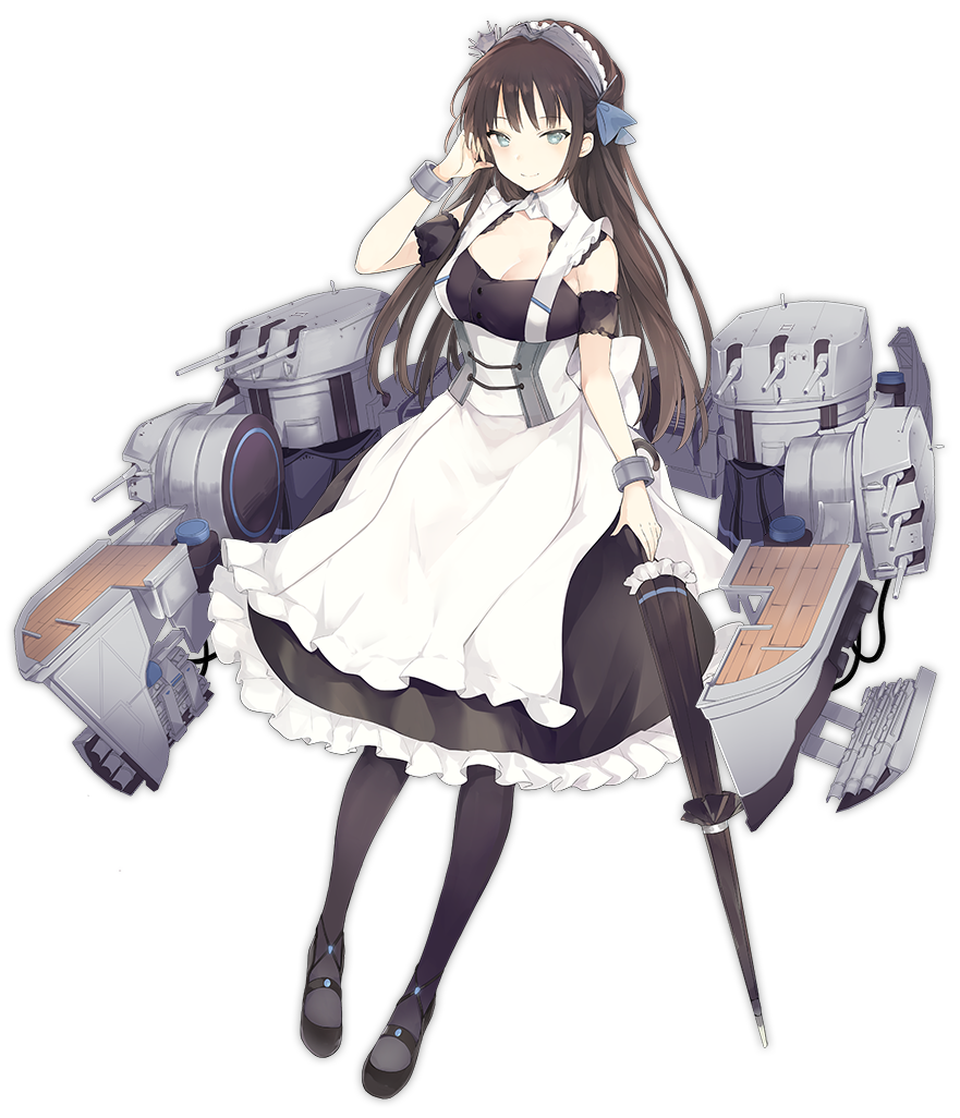 1girl apron azur_lane bangs black_footwear black_legwear blue_eyes blue_ribbon blush breasts brown_hair cannon cleavage_cutout closed_umbrella detached_sleeves dress eyebrows_visible_through_hair foot_up frills full_body hair_ornament hand_on_hip hand_to_own_face holding holding_umbrella jewelry juliet_sleeves long_hair long_sleeves looking_at_viewer lpip machinery maid maid_headdress medium_breasts newcastle_(azur_lane) official_art open_mouth pantyhose puffy_sleeves remodel_(azur_lane) ribbon rigging shoes short_sleeves sidelocks smile solo standing standing_on_one_leg transparent_background turret two_side_up umbrella