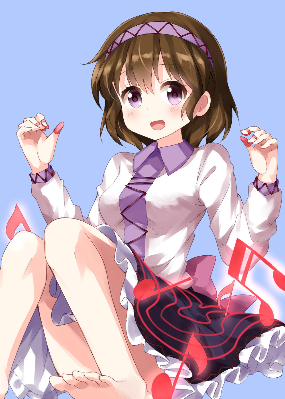 1girl :d barefoot blue_background brown_hair eyebrows_visible_through_hair frilled_skirt frills highres long_sleeves looking_at_viewer musical_note necktie open_mouth purple_neckwear ruu_(tksymkw) shirt short_hair simple_background skirt smile solo toes touhou tsukumo_yatsuhashi violet_eyes white_shirt