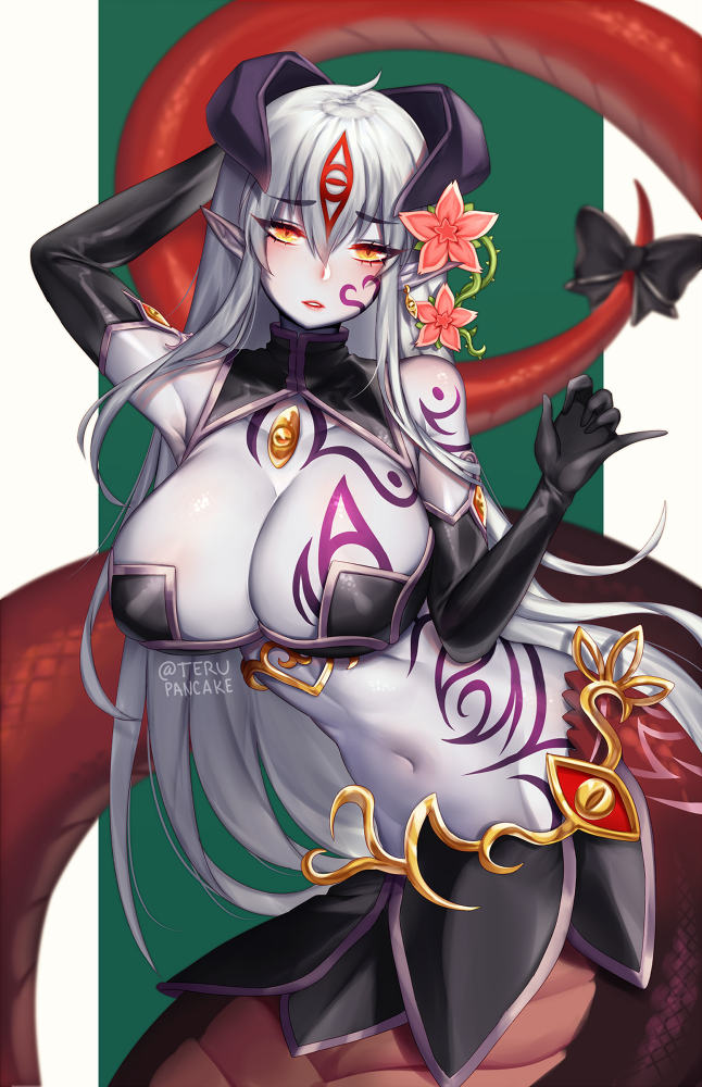 1girl ahoge alisfieze_fateburn_xvi animal_ears bare_shoulders belt black_bow black_gloves blush bow breasts cleavage contrapposto elbow_gloves eyebrows_visible_through_hair flower gloves green_background grey_skin hair_ornament hand_up lamia large_breasts long_hair looking_at_viewer mon-musu_quest! monster_girl navel orange_eyes parted_lips pelvic_curtain pink_flower pointy_ears rabbit_ears silver_hair simple_background solo tail tail_bow tattoo teru_(renkyu) twitter_username very_long_hair