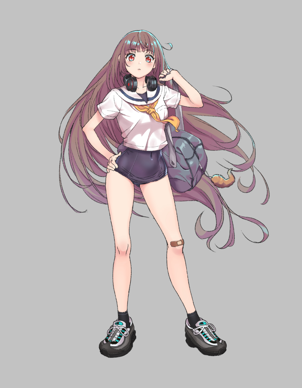 1girl bag bandaid bandaid_on_knee black_legwear blue_swimsuit brown_eyes brown_hair carrying e90vwggy full_body hand_on_hip headphones highres long_hair one-piece_swimsuit original school_bag school_swimsuit school_uniform serafuku shoes short_sleeves simple_background sneakers socks solo standing swimsuit swimsuit_under_clothes