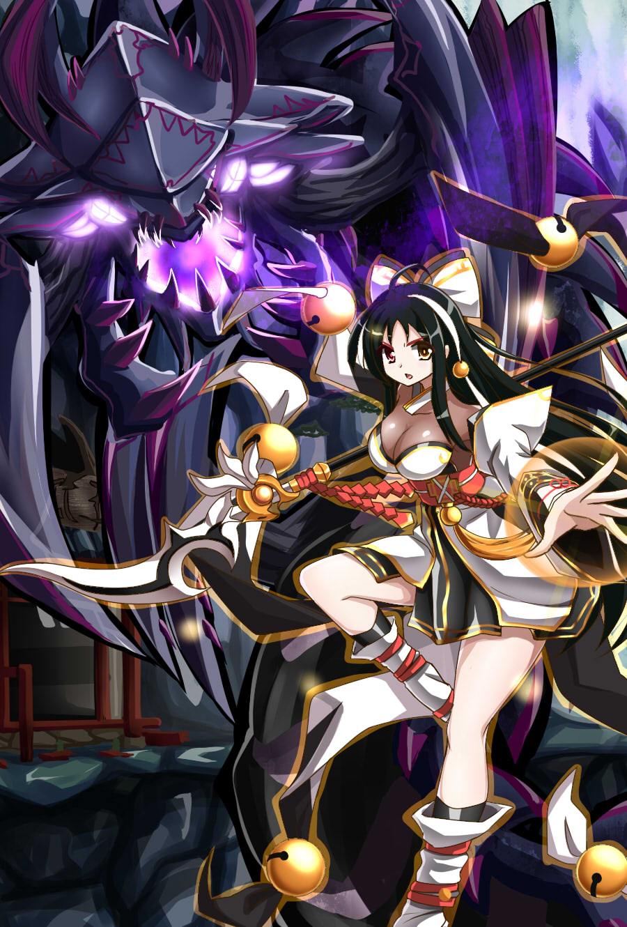 alice360 ara_han asura_(elsword) bell breasts detached_sleeves drabaki_(elsword) elsword fighting_stance glowing heterochromia highres holding large_breasts leg_up long_hair multicolored_hair open_mouth polearm spear two-tone_hair weapon