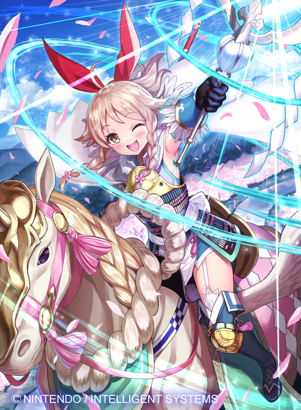 1girl armor armpits black_gloves blonde_hair boots bow braid breastplate cape clouds cloudy_sky emma_(fire_emblem) fire_emblem fire_emblem_cipher flying full_body garter_straps gloves hair_bow kousei_horiguchi long_hair looking_at_viewer magic nintendo official_art one_eye_closed open_mouth pegasus pegasus_knight riding rod sky smile solo thigh-highs thigh_boots twin_braids watermark yellow_eyes