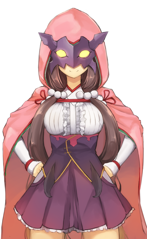 1girl breasts brown_hair center_frills closed_mouth corset cowboy_shot facing_viewer fate/grand_order fate_(series) frilled_shirt frilled_skirt frills glowing hair_bobbles hair_ornament hands_on_hips hood hood_up hooded_cape legs_apart long_hair long_sleeves low_twintails mask medium_breasts osakabe-hime_(fate/grand_order) p!nta pink_cape purple_skirt shirt simple_background skirt sleeves_past_wrists smile solo twintails very_long_hair white_background white_shirt