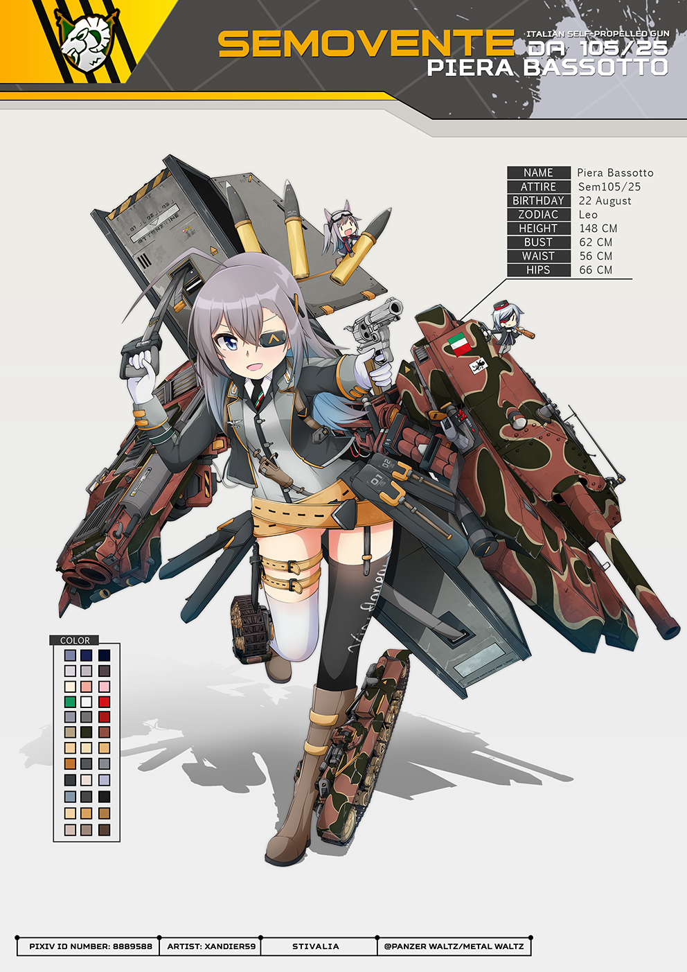 1girl ahoge bangs belt black_legwear blue_eyes boots coffin combat_knife commentary english_commentary eyepatch gloves ground_vehicle gun handgun highres holding holding_gun holding_weapon jacket knife long_hair machinery mecha_musume military military_vehicle mismatched_legwear motor_vehicle necktie panzer_waltz personification purple_hair revolver rigging semoverte_105/25 shell_casing single_garter_strap solo_focus tank thigh-highs thigh_strap weapon white_gloves white_legwear xandier59