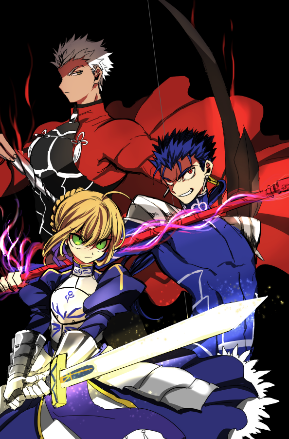 1girl 2boys ahoge archer armor armored_dress artoria_pendragon_(all) blonde_hair blue_bodysuit blue_hair bodysuit bow braid breastplate brown_eyes coat dress earrings excalibur fate/stay_night fate_(series) gae_bolg gauntlets green_eyes grin hair_bow holding holding_sword holding_weapon jewelry juliet_sleeves lancer long_hair long_sleeves looking_at_viewer multiple_boys puffy_sleeves purple_dress red_coat red_eyes saber sanpaku shoulder_armor smile spaulders sword takashi_(onikukku) weapon white_hair