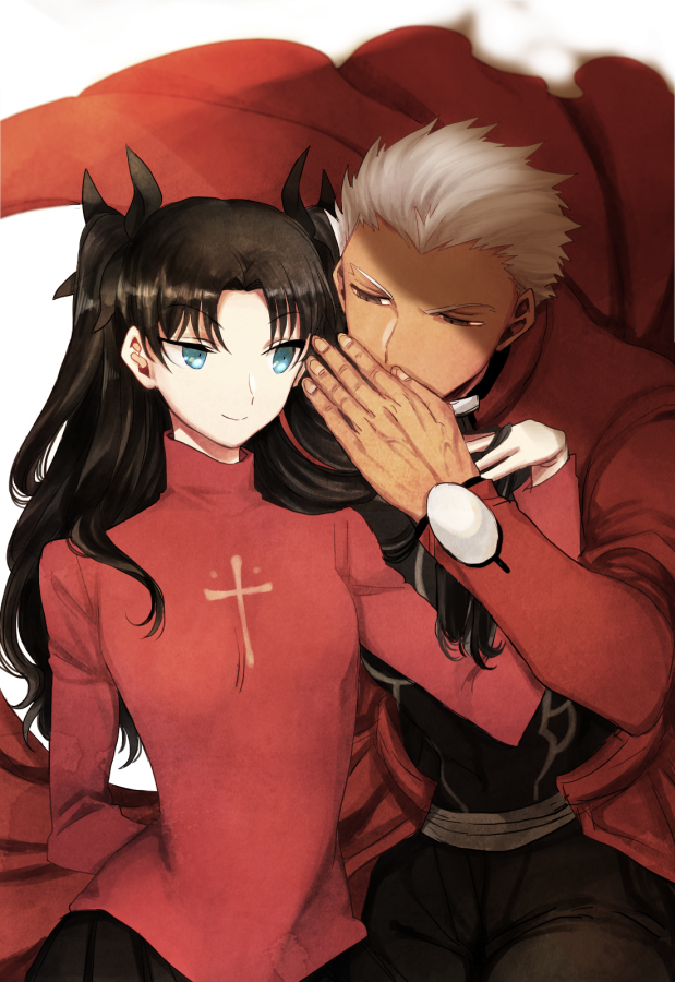 1boy 1girl archer bangs black_bow black_hair black_pants black_skirt blue_eyes blurry blurry_background bow closed_mouth coat depth_of_field eyebrows_visible_through_hair fate/stay_night fate_(series) fingernails hair_bow latin_cross long_sleeves pants parted_bangs pleated_skirt red_coat red_shirt shirt skirt smile takashi_(onikukku) tohsaka_rin two_side_up whispering white_background