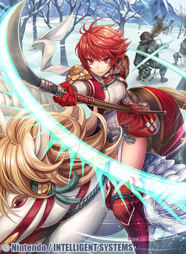 bare_tree boots breasts dress fire_emblem fire_emblem_cipher fire_emblem_if fumi_(butakotai) garter_straps gloves hinoka_(fire_emblem_if) lance looking_at_viewer medium_breasts nintendo official_art pegasus pegasus_knight polearm red_eyes red_footwear red_gloves redhead short_dress short_hair shoulder_armor slashing snow thigh-highs thigh_boots thighs tree watermark weapon