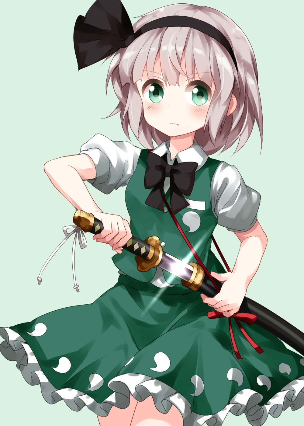 &gt;:( 1girl bangs black_bow black_hairband black_neckwear black_ribbon blush bow bowtie breasts commentary_request cowboy_shot eyebrows_visible_through_hair green_background green_eyes green_skirt green_vest hair_ribbon hairband highres holding holding_sword holding_weapon katana konpaku_youmu looking_at_viewer petticoat puffy_short_sleeves puffy_sleeves ribbon ruu_(tksymkw) scabbard sheath shiny short_sleeves silver_hair simple_background skirt skirt_set small_breasts solo standing sword thighs touhou unsheathing v-shaped_eyebrows vest weapon wing_collar