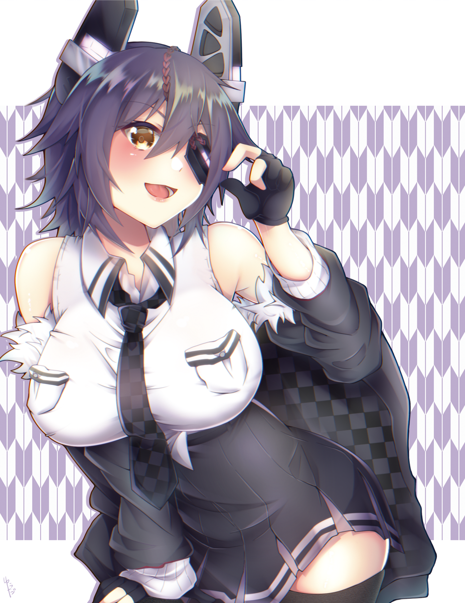 1girl :d bare_shoulders black_gloves black_jacket black_legwear black_neckwear black_skirt blush breast_pocket breasts checkered checkered_neckwear collared_shirt eyebrows_visible_through_hair eyepatch fingerless_gloves gloves headgear high-waist_skirt highres jacket kantai_collection large_breasts looking_at_viewer necktie one_eye_covered open_mouth partly_fingerless_gloves pocket purple_hair remodel_(kantai_collection) shirt short_hair simple_background skirt sleeveless sleeveless_shirt smile solo standing tenryuu_(kantai_collection) thigh-highs white_shirt wing_collar yellow_eyes yuudadou