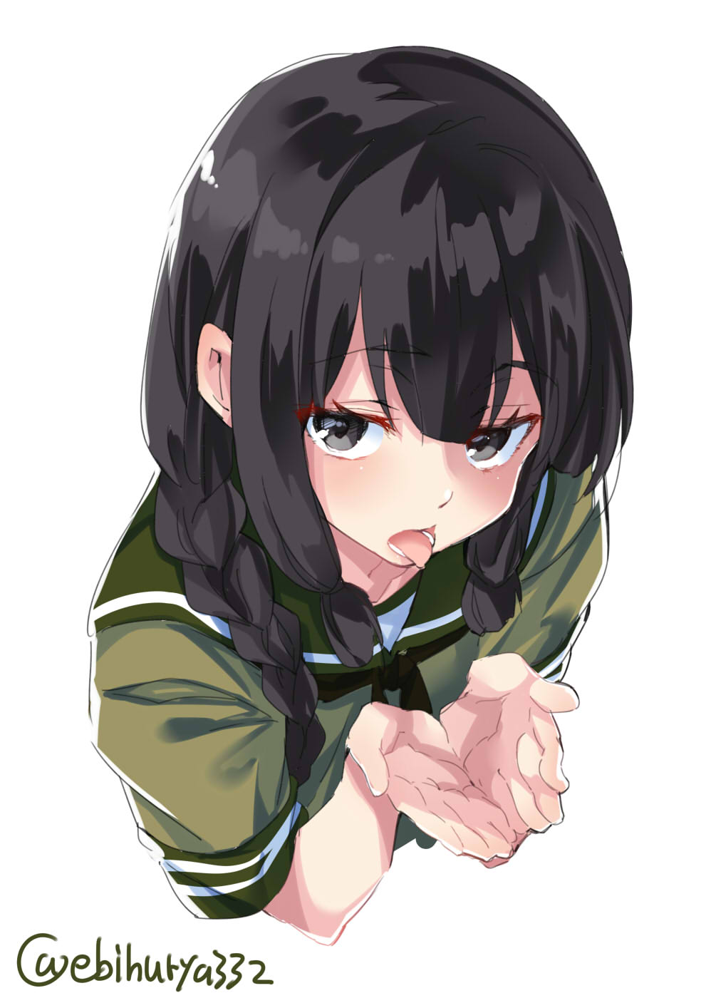 1girl black_eyes black_hair black_neckwear blush colored_eyelashes cropped_torso cupping_hands ebifurya eyebrows_visible_through_hair eyelashes eyes_visible_through_hair green_sailor_collar green_serafuku green_shirt hair_between_eyes hair_over_shoulder half-closed_eyes hands_up highres kantai_collection kitakami_(kantai_collection) long_hair looking_at_viewer lower_teeth naughty_face neckerchief open_mouth own_hands_together raised_eyebrows sailor_collar school_uniform serafuku sexually_suggestive shiny shiny_hair shirt short_sleeves sidelocks simple_background sleeve_cuffs solo tongue tongue_out twitter_username upper_body white_background