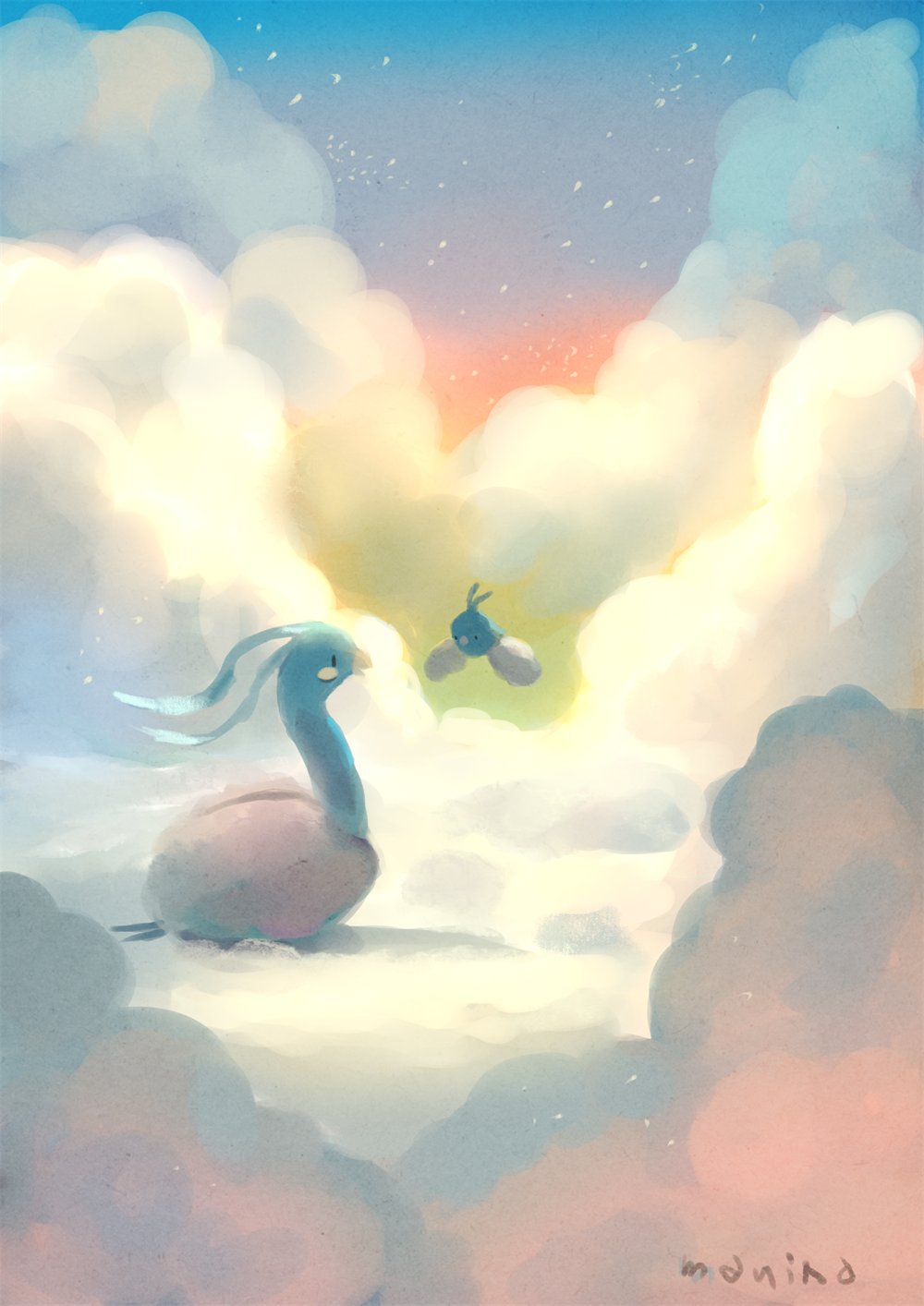 above_clouds alpaca blue_sky clouds creatures_(company) day from_side game_freak gen_3_pokemon highres manino_(mofuritaionaka) nintendo no_humans outdoors pokemon pokemon_(creature) signature sky swablu