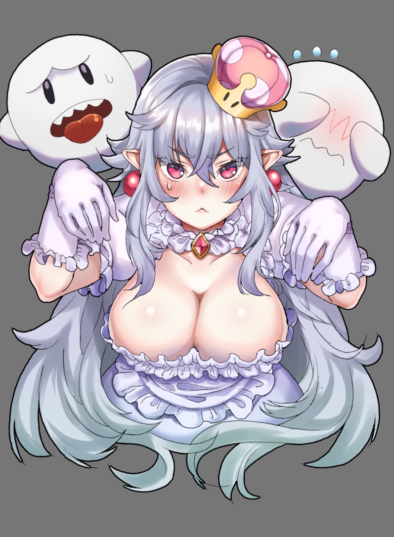 1girl :&lt; blush boo breasts cleavage covering_face crown dress e90vwggy earrings flying_sweatdrops frilled_dress frilled_gloves frills ghost ghost_pose gloves jewelry long_hair luigi's_mansion super_mario_bros. mini_crown new_super_mario_bros._u_deluxe nintendo pointy_ears princess_king_boo puffy_short_sleeves puffy_sleeves red_eyes short_sleeves silver_hair simple_background super_crown sweatdrop tilted_headwear tongue tongue_out wavy_mouth white_dress white_gloves