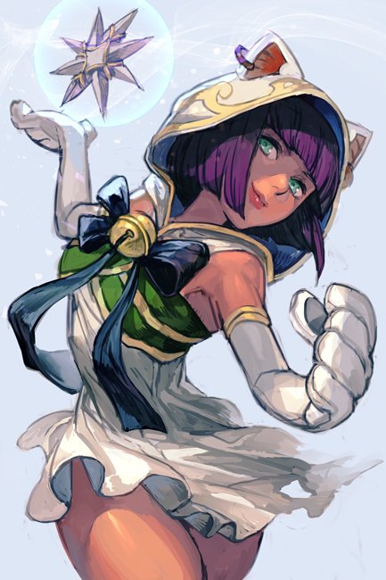 1girl animal_hood bangs blunt_bangs cat_hood closed_mouth copyright_request cowboy_shot dress gloves green_eyes grey_background hankuri hood hood_up looking_at_viewer paw_gloves paws purple_hair short_dress simple_background smile solo standing white_dress
