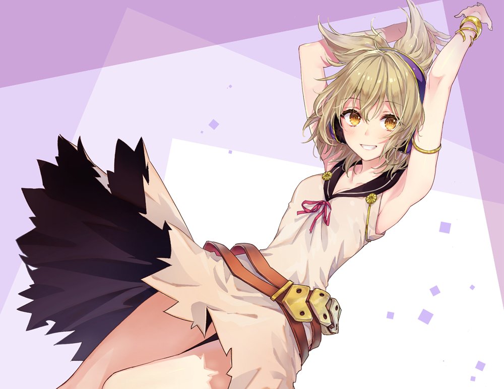 1girl akidzuki_haruhi armlet armpits arms_up bangs bare_arms bare_shoulders beige_dress belt black_sailor_collar blonde_hair blush bracelet breasts cleavage collarbone commentary_request dress eyebrows_visible_through_hair feet_out_of_frame grin hair_between_eyes jewelry looking_at_viewer medium_breasts pointy_hair purple_background red_ribbon ribbon sailor_collar sailor_dress short_hair smile solo thighs touhou toyosatomimi_no_miko white_background yellow_eyes