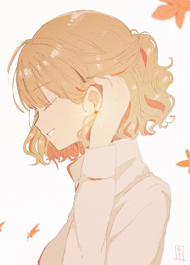 1girl arm_up autumn_leaves brown_shirt closed_eyes commentary_request earrings grey_background hair_tucking jewelry leaf light_brown_hair long_sleeves maple_leaf original parted_lips profile shirt short_hair signature sofra solo turtleneck