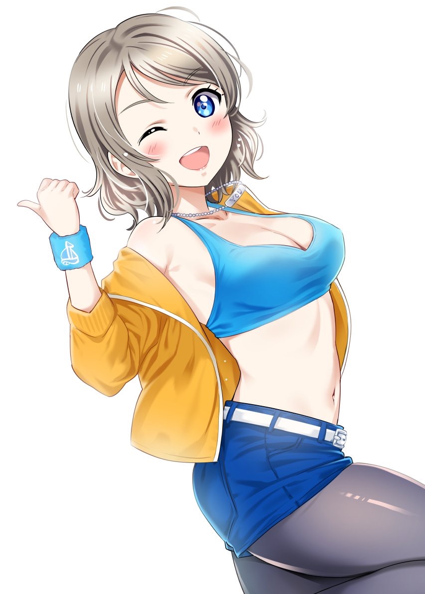 1girl bare_shoulders belt blue_eyes blue_shorts blue_topwear blush breasts cleavage crop_top dog_tags eyebrows_visible_through_hair grey_hair hair_between_eyes jacket leg_up legwear_under_shorts looking_at_viewer love_live! love_live!_sunshine!! md5_mismatch medium_breasts one_eye_closed open_clothes open_jacket open_mouth pantyhose rozen5 short_hair short_shorts shorts simple_background smile solo thumbs_up watanabe_you white_background white_belt wristband