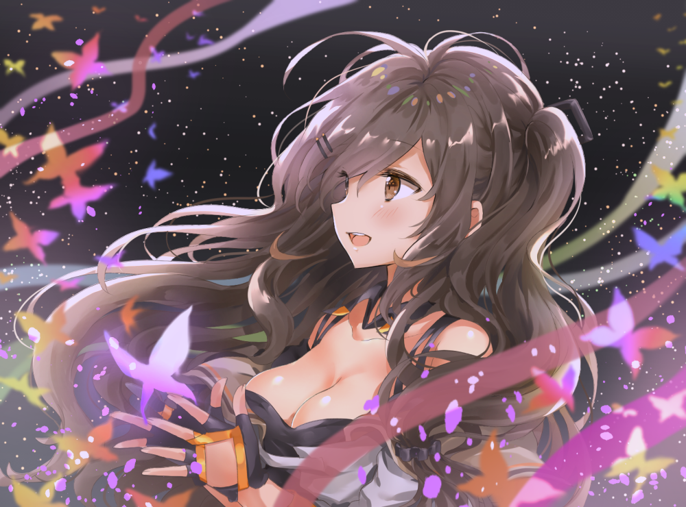 1girl :d bare_shoulders black_gloves blush breasts brown_eyes brown_hair cleavage commentary fingerless_gloves fingernails from_side girls_frontline gloves hair_ornament hairclip hands_up k-2_(girls_frontline) large_breasts long_hair looking_away melynx_(user_aot2846) one_side_up open_mouth smile solo upper_teeth very_long_hair