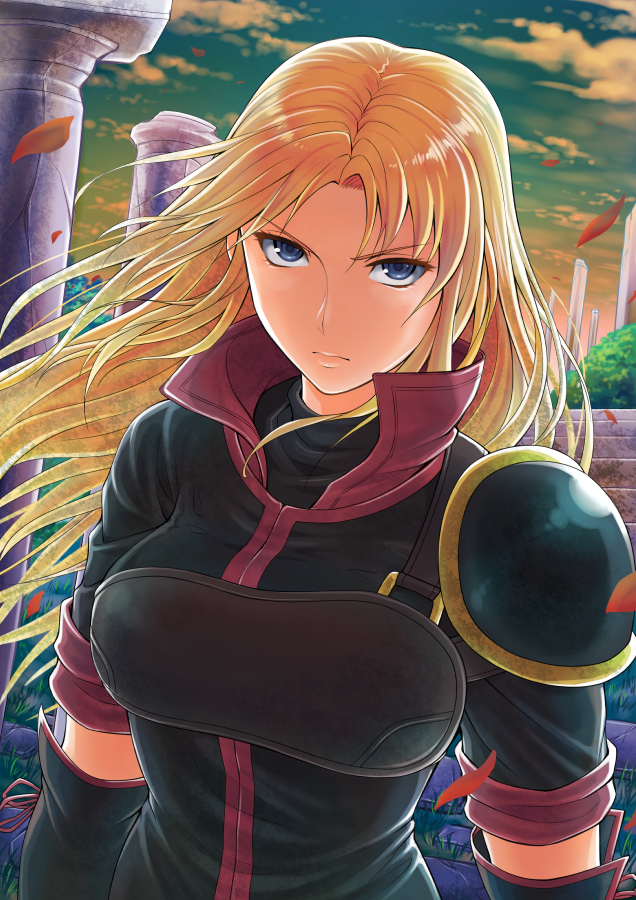 1girl blonde_hair blue_eyes bracer breasts clouds cloudy_sky elbow_gloves fire_emblem fire_emblem:_shin_monshou_no_nazo gloves kuraine long_hair looking_at_viewer medium_breasts nintendo petals pillar shirt short_sleeves shoulder_armor sky solo soyo2106 upper_body wind