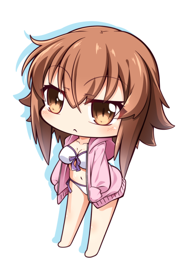 1girl :&lt; bangs barefoot bikini blush breasts brown_eyes brown_hair chibi cleavage closed_mouth collarbone commentary_request eyebrows_visible_through_hair front-tie_bikini front-tie_top full_body grand_blue hair_between_eyes hands_in_pockets hood hood_down hooded_jacket jacket kotegawa_chisa long_hair long_sleeves looking_at_viewer medium_breasts navel open_clothes open_jacket pink_jacket shachoo. shadow side-tie_bikini solo standing swimsuit white_background white_bikini