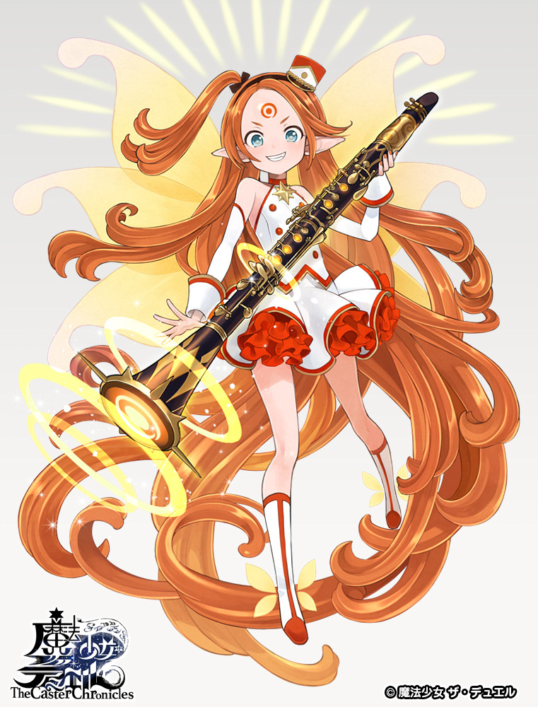 1girl absurdly_long_hair blue_eyes boots clarinet company_name copyright_name detached_sleeves facial_mark fairy_wings forehead_mark full_body grey_background grin hairband hat holding holding_instrument instrument knee_boots long_hair looking_at_viewer mini_hat official_art pointy_ears redhead side_ponytail skirt smile solo standing the_caster_chronicles very_long_hair watermark white_skirt wings wrist_cuffs yuko_(uc_yuk)