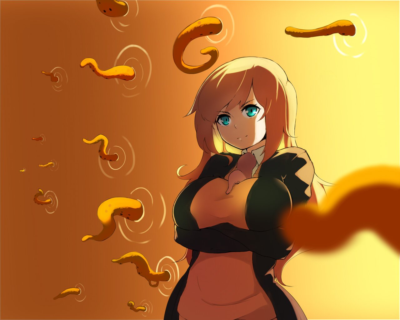 1girl black_jacket blonde_hair blue_eyes breasts cardigan closed_mouth collared_shirt crossed_arms extra_tongue fate_(series) gate_of_babylon gilgamesh jacket kion-kun large_breasts long_hair long_sleeves looking_at_viewer orange_background original shirt smile solo standing tentacle wing_collar