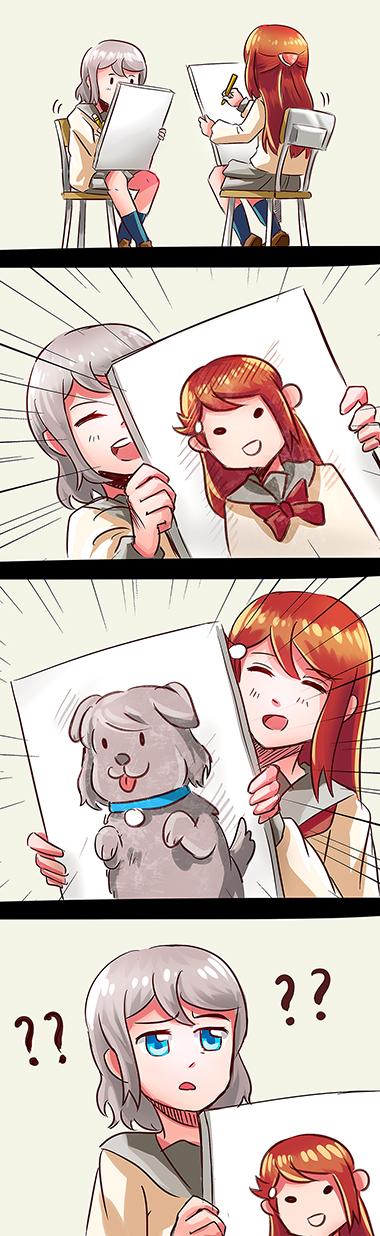 2girls 4koma :3 :p ?? ^_^ animalization blue_eyes blue_legwear canvas_(object) chair closed_eyes collar comedy comic dha315 dog drawing emphasis_lines grey_hair grey_skirt hair_ornament hairclip half_updo highres holding long_sleeves love_live! love_live!_sunshine!! multiple_girls neckerchief red_neckwear sakurauchi_riko school_chair school_uniform serafuku silent_comic sitting skirt socks tongue tongue_out uranohoshi_school_uniform watanabe_you