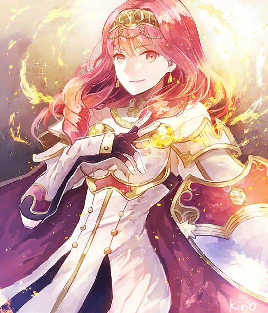1girl armor cape celica_(fire_emblem) dress fingerless_gloves fire_emblem fire_emblem_echoes:_mou_hitori_no_eiyuuou fire_emblem_heroes gloves jewelry long_hair nintendo okii open_mouth red_eyes redhead smile solo tiara