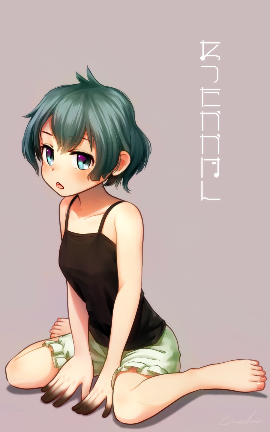 1girl alternate_costume bare_arms bare_shoulders barefoot between_legs black_hair bloomers blue_eyes collarbone commentary_request eyebrows_visible_through_hair hand_between_legs highres kaban_(kemono_friends) kemono_friends no_hat no_headwear open_mouth partial_commentary short_hair simple_background sitting sleeveless solo translation_request triangle_mouth undershirt underwear wariza welt_(kinsei_koutenkyoku)