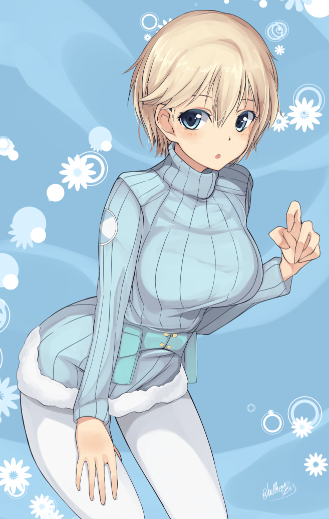 1girl artist_name belt blonde_hair blue_eyes blue_sweater brave_witches bullseye1203 commentary_request cowboy_shot emblem floral_background hand_on_own_thigh leaning_forward looking_at_viewer military military_uniform nikka_edvardine_katajainen open_mouth pantyhose ribbed_sweater short_hair signature solo standing sweater turtleneck uniform utility_belt white_legwear world_witches_series