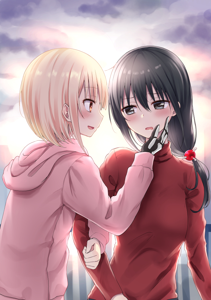 2girls bangs black_eyes black_hair blush brown_eyes clouds cloudy_sky commentary_request eye_contact eyebrows_visible_through_hair hair_between_eyes hair_ornament hand_on_another's_cheek hand_on_another's_face head_tilt hood hood_down hoodie locked_arms long_hair long_sleeves looking_at_another mechanical_arm multiple_girls original outdoors parted_lips pink_hoodie piripun profile prosthesis red_shirt shirt sky sunlight sunset yuri
