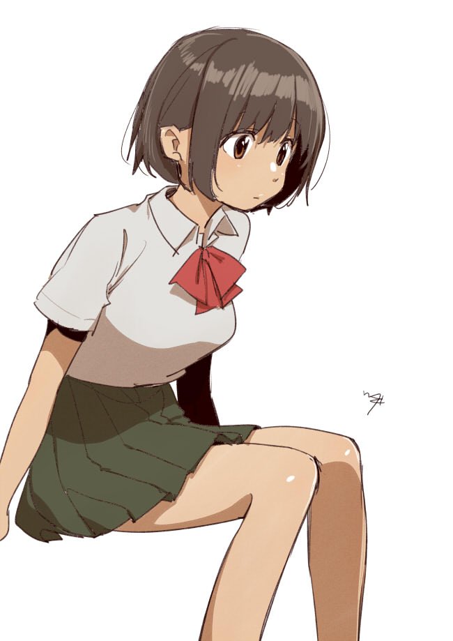 1girl bow bowtie brown_eyes brown_hair closed_mouth collared_shirt commentary_request copyright_request feet_out_of_frame from_side green_skirt grey_shirt invisible_chair kawai_makoto pleated_skirt red_neckwear shirt short_hair short_sleeves signature simple_background sitting skirt solo white_background wing_collar