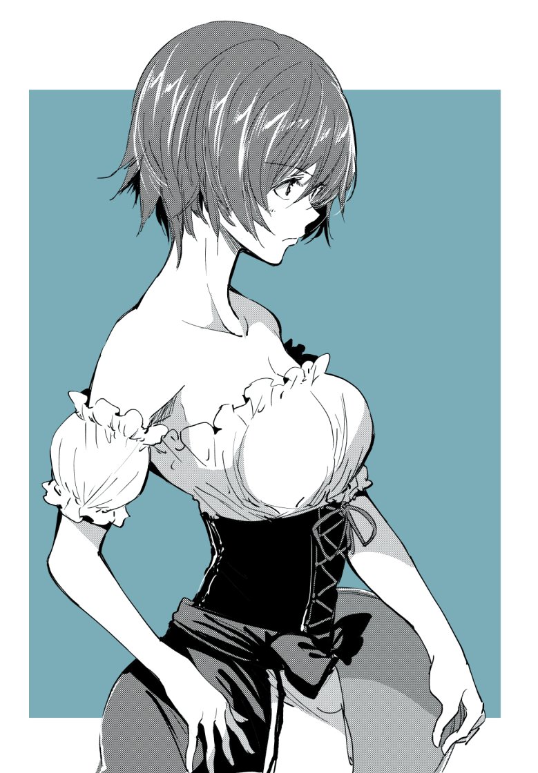 1girl bangs bare_shoulders bonkara_(sokuseki_maou) breasts cleavage closed_mouth commentary corset dirndl eyebrows_visible_through_hair from_side frown german_clothes girls_und_panzer green_background greyscale hand_on_hip holding holding_tray medium_breasts monochrome nishizumi_maho outside_border partially_colored shirt short_hair short_sleeves skirt solo standing tray upper_body